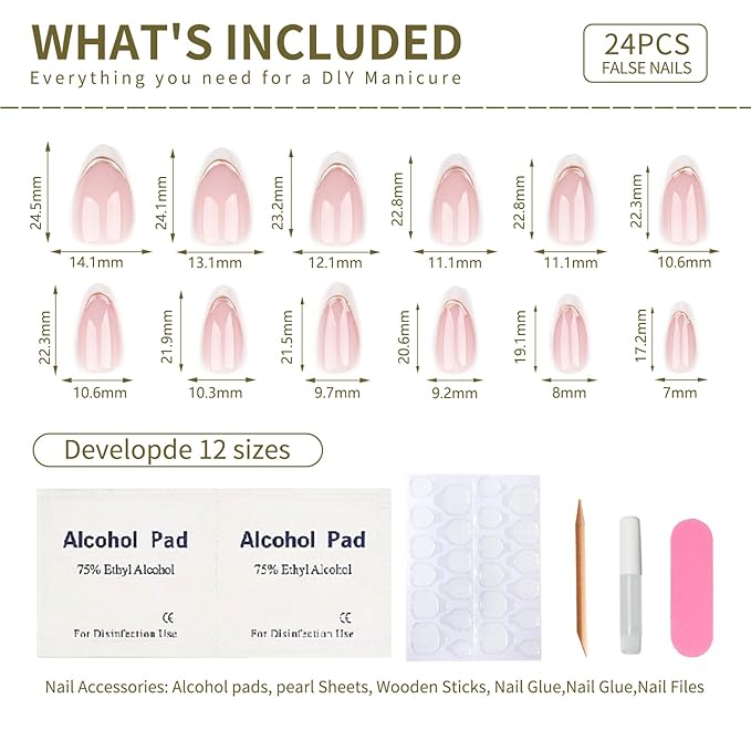 French Press On Nails Short Almond, Nude Fake Nails with White French Tip and 3D Minimalist Gold Line Design, Glossy Gel Finish Acrylic Nails, Natural Reusable Glue On Nails Kit for Women, 24Pcs