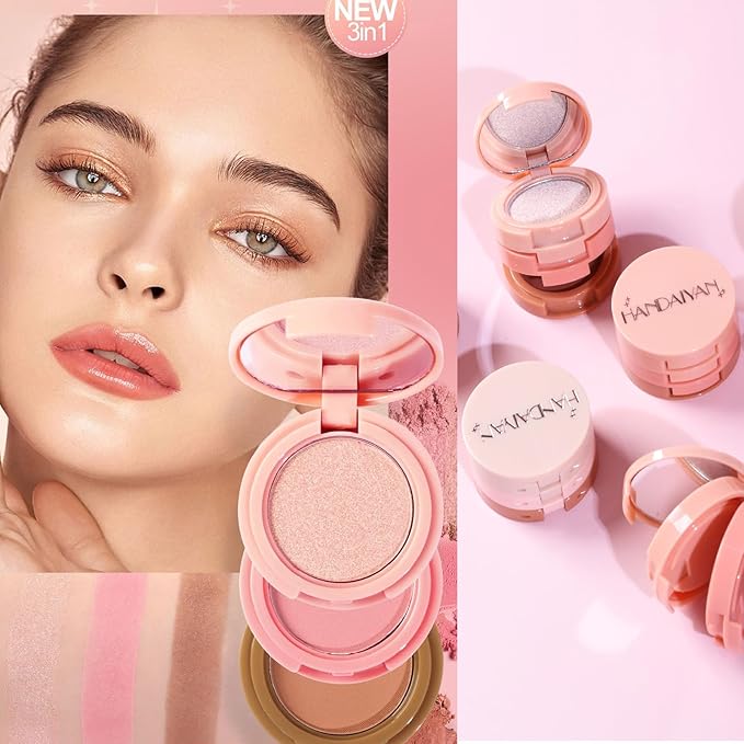 3-in-1 Blendable Trio, Contour and Highlight Blush Makeup Palette, Cream Bronzer, Silky Smooth Powder Blush, Shimmer Highlighter Makeup Powder, Pink Brown Eyeshadow Palette with Mirror(02)