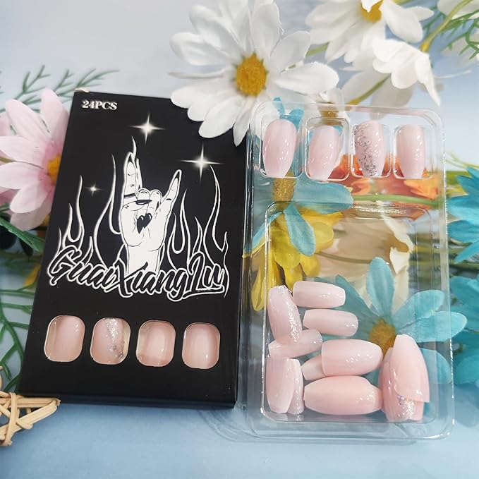 24Pcs Pink Gradient Press on Nails Sequin Gel Glue on Fingernails White Ombre Acrylic Full Cover Fake Nails Glossy Silver Glitter Medium Coffin False Nail Simple Stick on Nail for Holiday Manicure Art