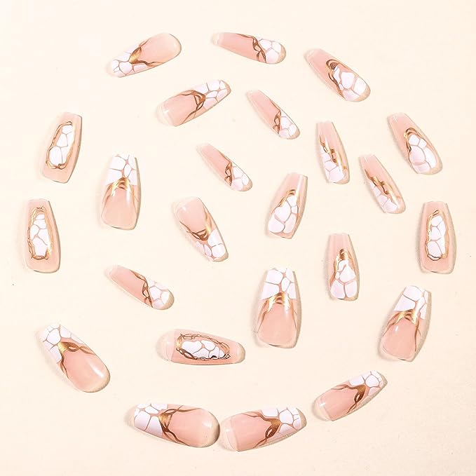 Coffin Press on Nails Medium Transparent Fake Nails French Tip Stick on Nails Glossy Acrylic Manicure 24Pcs Women Nail Press ons with White Irregular Shape Designs Gold Lines Glue on Nails Light Pink