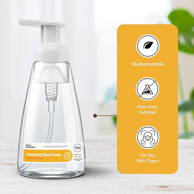 Clean Revolution Foaming Hand Soap, Gentle, Moisturizing, Ready To Use Formula, Real Essential Oils, Gluten Free, Dreamy Citrus, 15 Fl Oz
