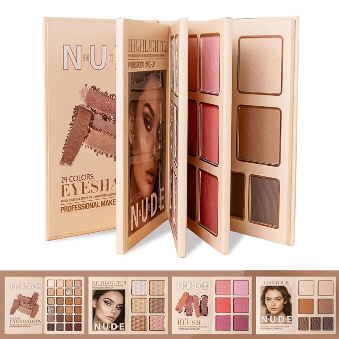 Makeup Palette,Eyeshadow & Highlighter & Blush & Contouring,4-Layer Book-Style Foldable Makeup Palette Set,Matte Glitter Metallic Shimmer, Highly Pigmented Long Lasting Make Up Pallet(43 Colors)