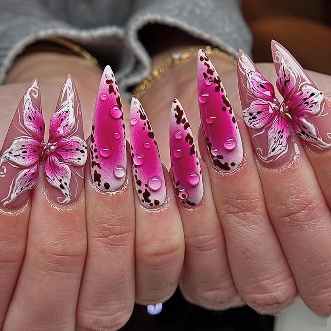 Long Press on Nails Almond Pink False Nails Gradient with 3D Flowers Art Stick on Nail for Women 24pcs