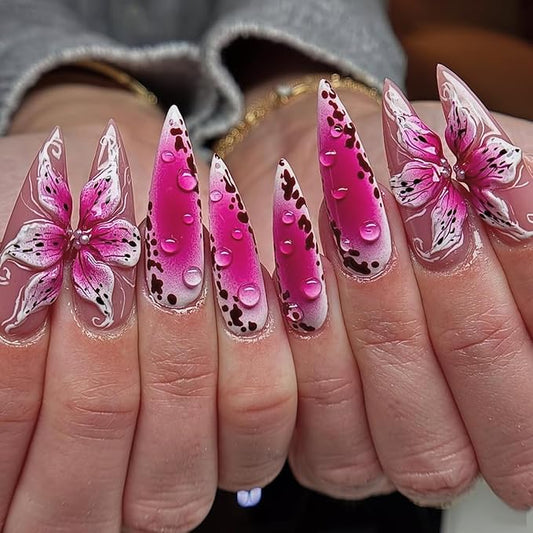 Long Press on Nails Almond Pink False Nails Gradient with 3D Flowers Art Stick on Nail for Women 24pcs