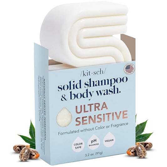 Kitsch 2-in-1 Shampoo Bar and Body Wash - Ultra Sensitive, Vegan & Natural, 5-Ingredient Formula Bar Soap for Hair & Body - Scent-Free, Paraben-Free - For Sensitive Scalp & Skin - 3.2 oz
