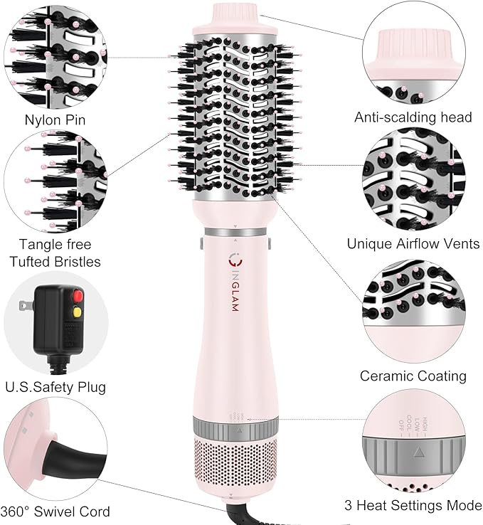 IG INGLAM 4 in 1 Blowout Hair Dryer Brush Set - Negative Ion Detachable Hair Dryer, Volumizer Styler with 2 Brush Heads, Pink