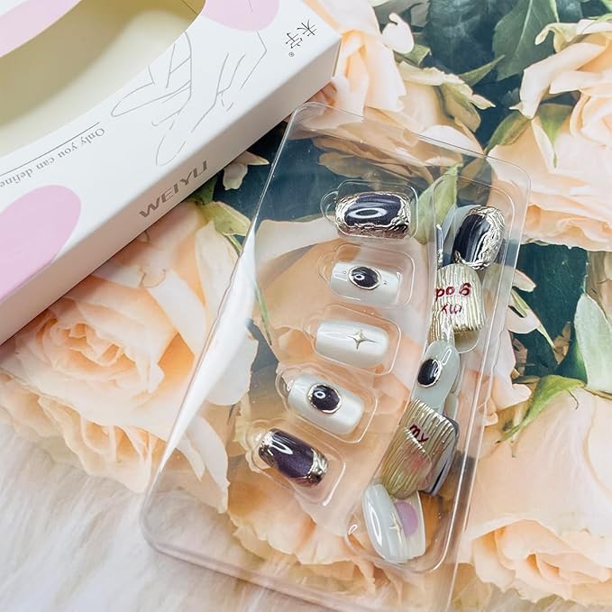 30Pcs Chrome Gold Press on Nails Short Square Fake Nails Star Gem Rhinestones Design Handmade Artificial Nails Glossy Stick on Nails Shining Candy Mirror False Nails Cute Short Glue on Nails for Women