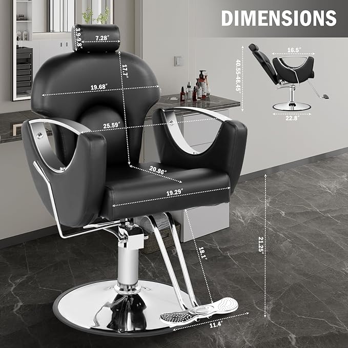 Reclining Salon Chair for Hair Stylist, Heavy Duty Hair Barber Chair with Adjustable Headrest, 360 Degree Swivel Beauty Spa Equipment Max Load 440Lbs, Black Silver