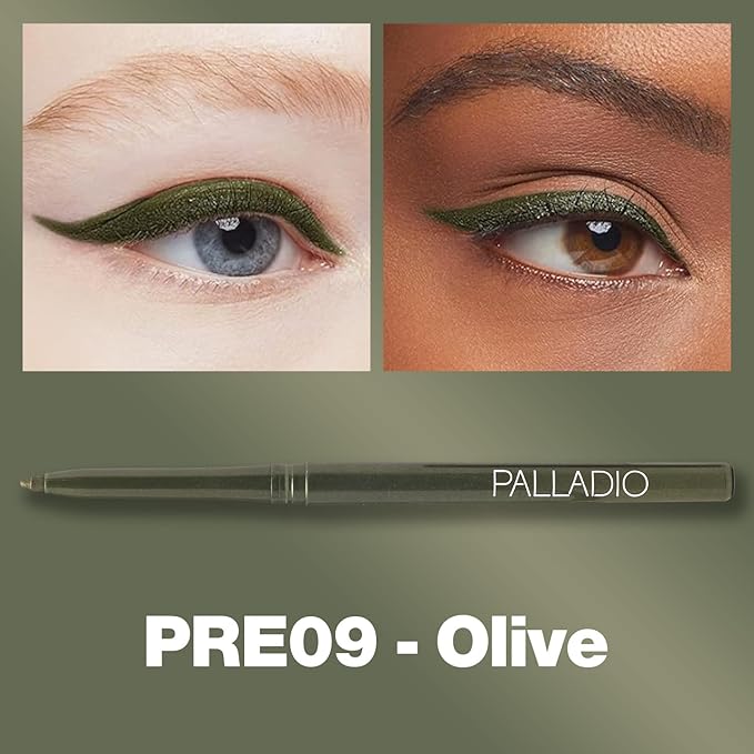 Palladio Retractable Waterproof Eyeliner, Richly Pigmented Color and Creamy, Slip Twist Up Pencil Eye Liner, Smudge Proof Long Lasting Application, All Day Wear, No Sharpener Required, Olive