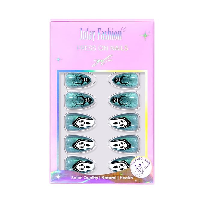 Halloween Press On Nails Short Almond - Haunted Harvest, Green Cat Eye Halloween Nails, Acrylic Square Halloween Fake Nails with Nail Glue, Stick On Nails in 16 Sizes - 32 PCS Soft Gel Kit