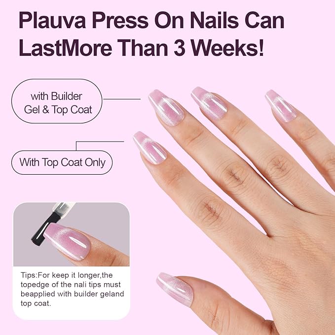 150Pcs Cat Eye Press on Nails, Plauva Short Coffin Fake Nails, Glossy Glitter Cat Eye Nail Tips, Soft Gel Stick On Nails for Women and Girls 15 Sizes
