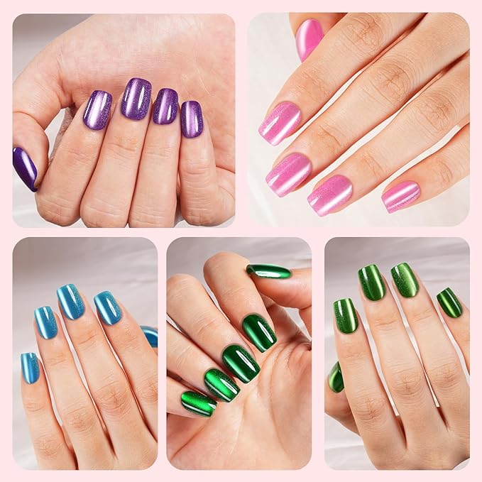 150Pcs Cat Eye Press on Nails Short Square, Plauva Glossy Glitter Cat Eye Nail Tips, Soft Gel Fake Nails for Women and Girls Stick On Nails in 15 Sizes