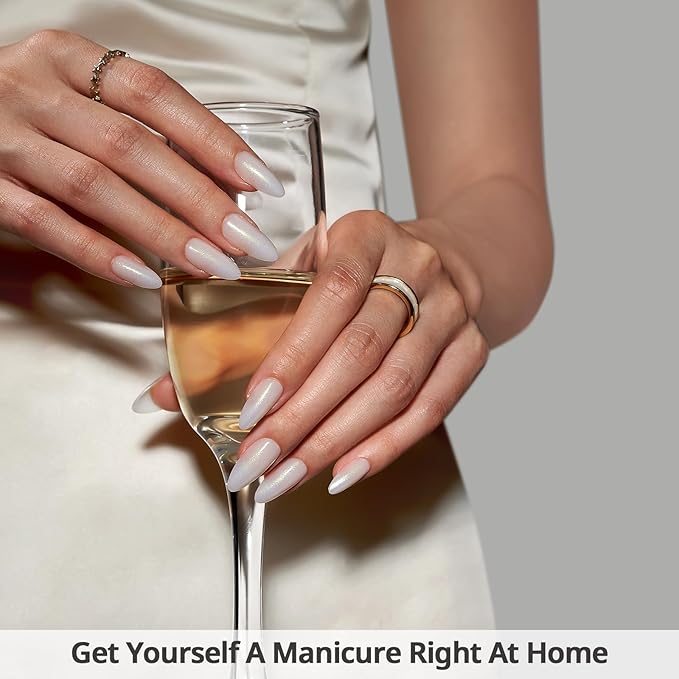 BTArtbox Press On Nails Almond - Lamp-Curable Glitter White Medium Press On Nails with Glue for Women, Semi-Transparent Soft Gel Glue On Nails in 15 Sizes - 30 Stick On Nails Kit, Disco Ball