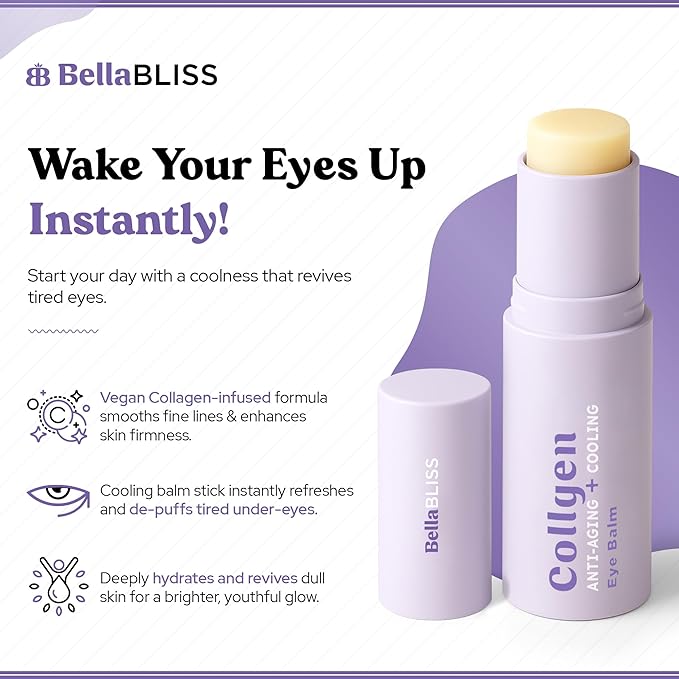 BellaBLISS Collagen Eye Balm Stick for Dark Circles, Puffiness & Wrinkles – Cooling Under Eye Cream with Collagen, Anti-Aging & Hydrating Formula – Made in Korea - 0.35 oz / 10 g - Pack of 2