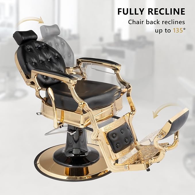 Retro Barber Chair Heavy Duty Professional Salon Chair Reclining, Hydraulic All Purpose Hairdressing Chair for Hair Stylist, Barbershop Beauty Spa Shampoo Equipment, Gold&Black