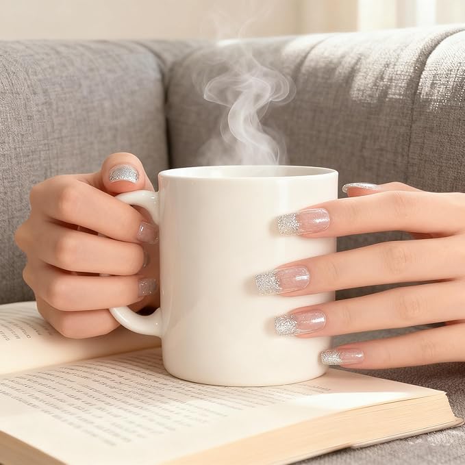 Medium Length Press on Nails Transparent Gold Glitter French False Nails Salon Manicure Reusable Stick on Nail Art Tips DIY Fake Fingernails Gift for Women Girls