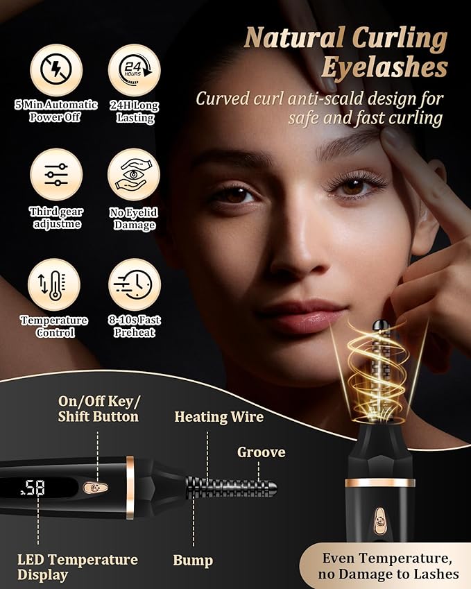 Heated Eyelash Curlers - Eye Lash Curler Heat with Eyelash Comb - Electric Eyelash Curler - Rizador De Pestañasey LED Display 3 Temp Settings USB Charge Natural Curling 24H for Women Makeup Tool Gifts