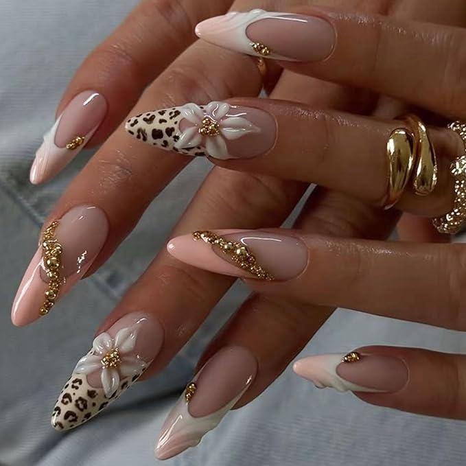 Fall Press on Nails Long Almond Fake Nails with Leopard Print Flower Designs Pink French Tip Nails Press ons Cute Acrylic Nails for Women 24Pcs
