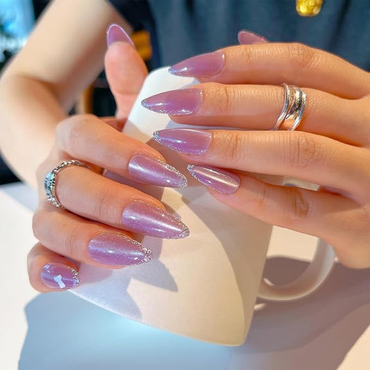 Short Almond Press on Nails 24 Pcs Fake Nails Purple Full Cover Gel Glue on Nails Reusable Acrylic Nails with Silver Glitter Designs Glossy Stick on Nails for Women