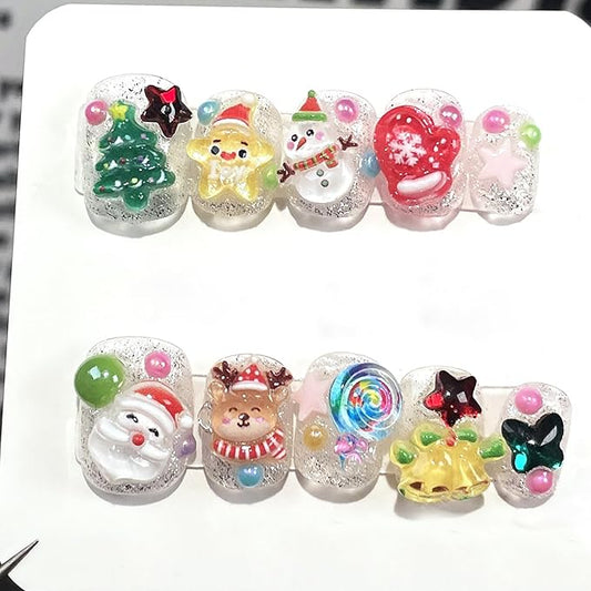 10Pcs Christmas Press on Nails Short Square Fake Nails Petite Cute Christmas False Nails with Santa Claus Snowman Christmas Tree Bells Rhinestones Design Glitter Winter Xmas Glue on Nail for Women DIY