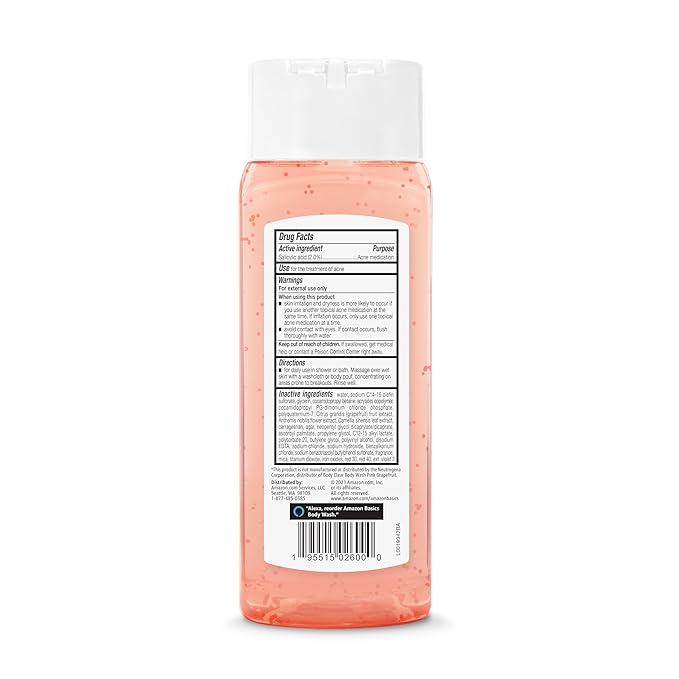 Amazon Basics Clarifying Pink Grapefruit Body Wash, 2% Salicylic Acid Acne Treatment, Dermatologist Tested, 8.5 Fl Oz (Pack of 4) (Previously Solimo)
