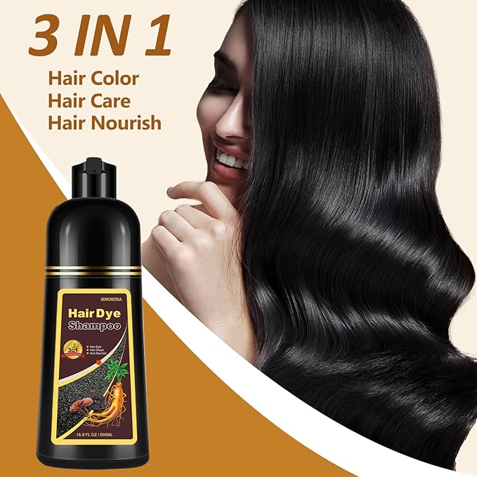Instant Black Hair Dye Shampoo, Natural 3-in-1 for Gray Coverage in 10-15 mins, Long-Lasting Color Effect for Women and Men, 16.9 Fl Oz (Black)