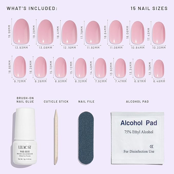 Lilac St - Press on Nails, Pirouette (30 Nails, 15 Sizes) - Medium, Round, Glossy, Opaque - Brush-On Nail Glue, Nail File, Cuticle Stick, Prep Pad - Cruelty Free, Vegan, Women Founded