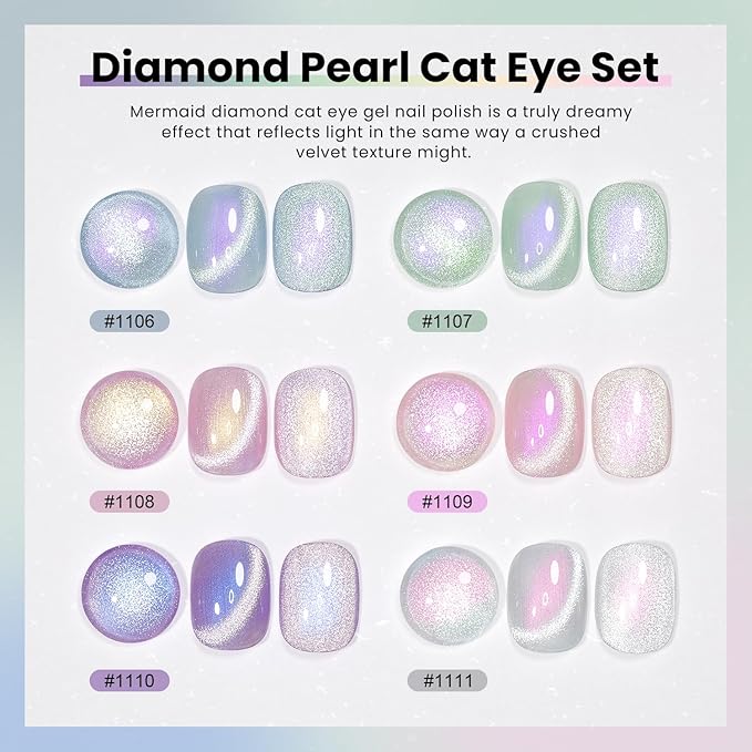 RARJSM Sparkle Diamond Pearl Cat Eye Gel Nail Polish Set 6pcs Velvet Silver Shimmer Pink Green Blue Purple White Glitter Mermaid Swirl Shell Thread Effect with Magnet Stick UV LED Curing Requires