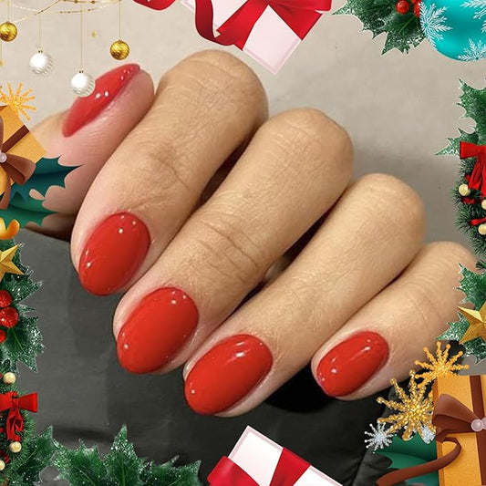modelones Red Short Press on Nails Oval Fake Nails with Nail Glue, Adhesive Tabs, Nail File, Prep Pad, Manicure Stick, 32Pcs 16 Sizes, Christmas