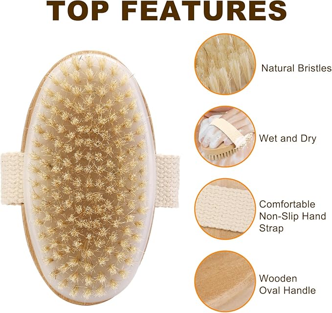 2Pcs Natural Bristle Exfoliating Brush, Body Scrubber for Lymphatic Drainage, Blood Circulation, Wet and Dry Brush, Deep Exfoliation for Smooth Skin