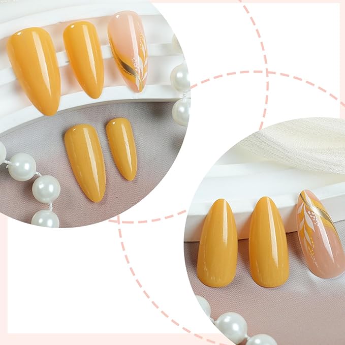 IMRAIN Almond Press on Nails Medium False Nails Yellow Full Cover Acrylic French Glue on Nails Glossy Artificial Stick on False Nails for Women 24Pcs