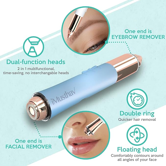 2 in 1 Flawless Eyebrow and Facial Hair Remover for Women Painless Electric Razor Epilator Trimmer Shaver with 18K Gold-Plated, USB Rechargeable, 360° LED for Eyebrow and Face Hair Removal