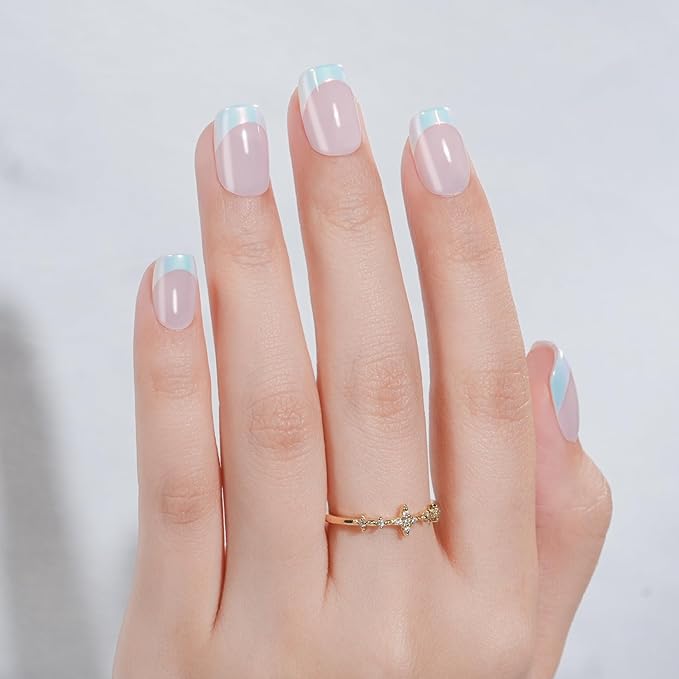 French Tip Press on Nails Short, Jofay Fashion Soft Gel Fake Nails, Classic Aurora French Nails, Reusable & Natural Acrylic False Nails, Stick on Nails for Women Girls Gift, Glue on Nails Kit 32 Pcs