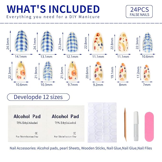 Summer Fall Picnic Press On Nails Short – Almond Cute Fake Nails with Fruit and Blue Gingham Design, Colorful Summer Nails Press Ons, Glossy Glue On Nails Kit for Women, Fruit Part, 24Pcs