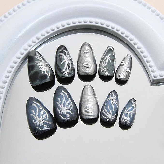 24Pcs Black Press on Nail Short Almond Fake Nail 3D Silver Irregular Chrome with Rhinestones Glitter Design Full Cover Y2k Glue on Nail Gothic False Nails for Women Girls Artificial Acrylic Nails