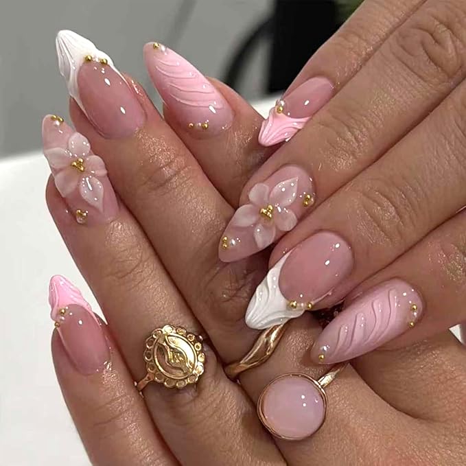 Pink French Tip Press on Nails Medium Almond Fake Nails with 3D Flower Designs Glossy Acrylic False Nails Golden Bead Artificial Glue on Nail Reusable Full Cover Stick on Nail for Women 24Pcs