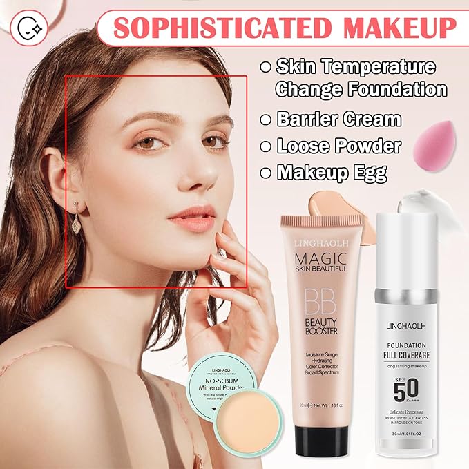 Color Changing Liquid Foundation & Full Coverage Concealer Foundation Face Primer Base Makeup Set,Moisturizing BB Cream & Loose Setting Face Powder with Makeup Sponge