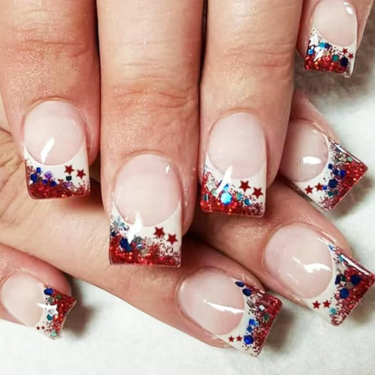 24Pcs 4th of July Nails French Tip Press on Nails with Designs Short Square Fake Nails Red White Glitter Nail Tips Acrylic Stick on Nails Full Cover Glue on Nails for Women Holiday Manicure Decoration