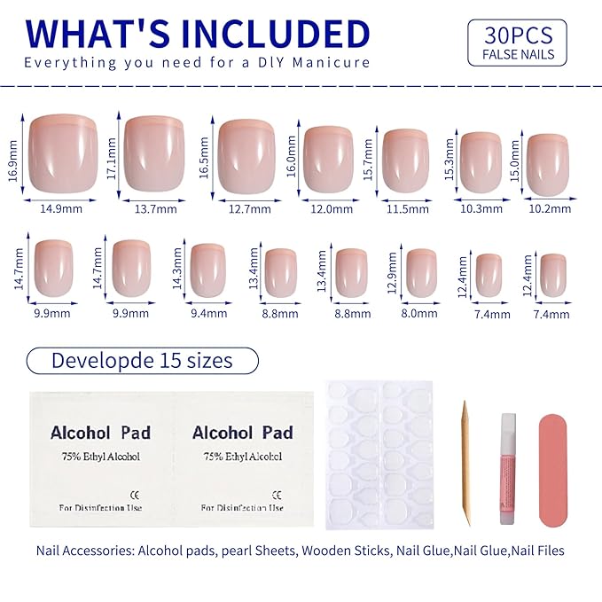 Pink French Tips Press On Nails Short, Glossy Soft Gel Press On Nails Square with Nail Glue, 15 Sizes - 30 Fake Nails Kit, Thick Natural Reusable Glue On Nails for Women, Rosy Tips
