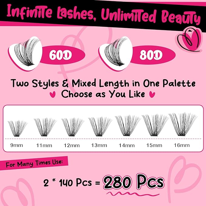 Lash Clusters Kit 280pcs Lash Clusters D Curl Eyelash Extension Kit Individual Lashes with Lash Bond and Seal Lash Applicator Easy to Apply at Home(60D+80D-9-16mix Kit)