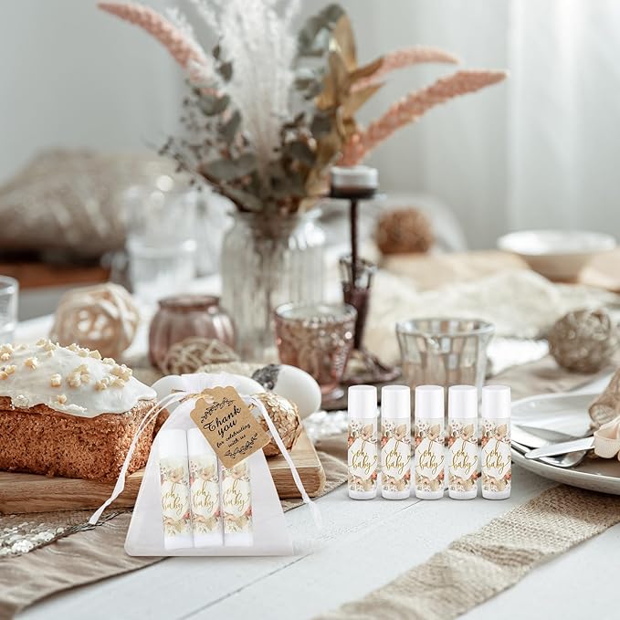 Demissle 50 Pcs Baby Shower Lip Balm Gift Set with 100 Pcs Organza Bags Baby Shower Party Favor for Guest Thank You Tag Rope Baby Shower Party Decoration Gender Reveal Souvenirs(Colorful Plants)