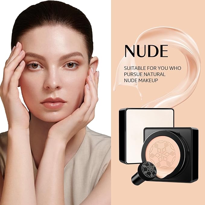 Air Cushion CC Cream Mushroom Head - Moisturizing Screw Lid Concealer Makeup Base Create Long-Lasting & Waterproof Makeup, Cushion Foundation Full Coverage for All Skin Types (Nude)