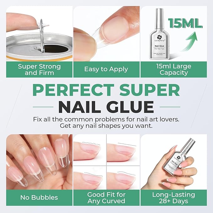 6 in 1 Gel Nail Glue Kit: Super Strong Nail Glue Gel 2Pcs 15ml for Press On Nails Clear Acrylic Nail Tips Long Lasting Art Gift Salon at Home U V Lamp Needed