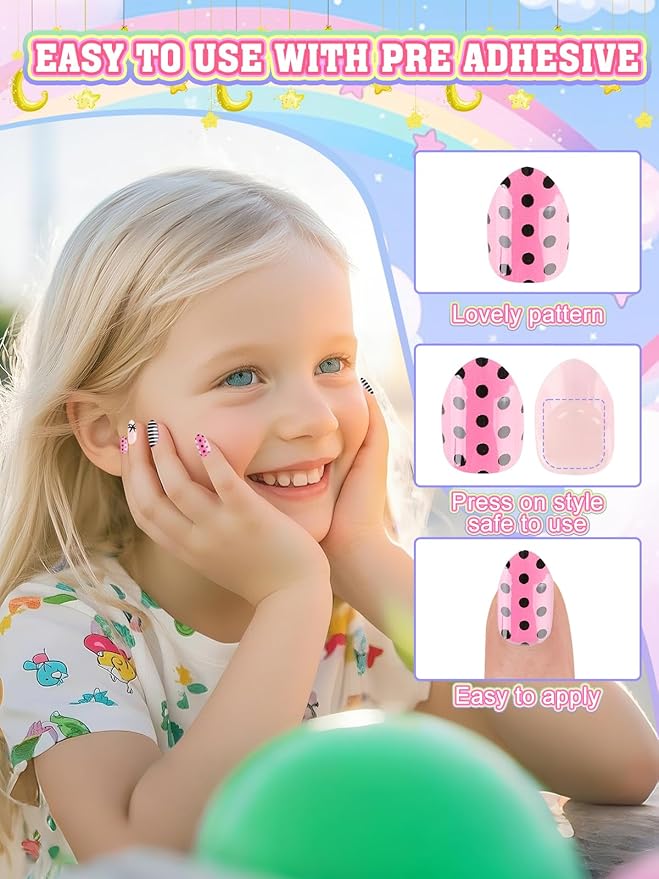 72 Pieces Press on Nails for Kids, EBANKU 3 Pack Kid Fake Nail Kit Purple Flower Black Streak Press on Nails for Girls 7-12 Years with Jelly Nail Adhesives