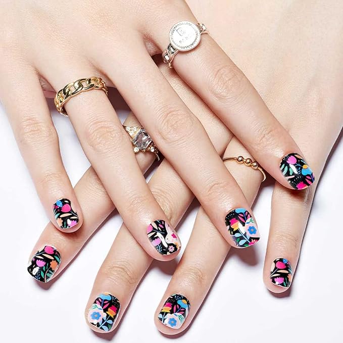 GLAMERMAID Extra Short Press on Nails 24PCS, Fall Black Rabbit in Flower Fall Gel Glue on Nails, Glossy Round Reusable UV Finish Fake Nails Acrylic False Nails Manicure Kits for Women