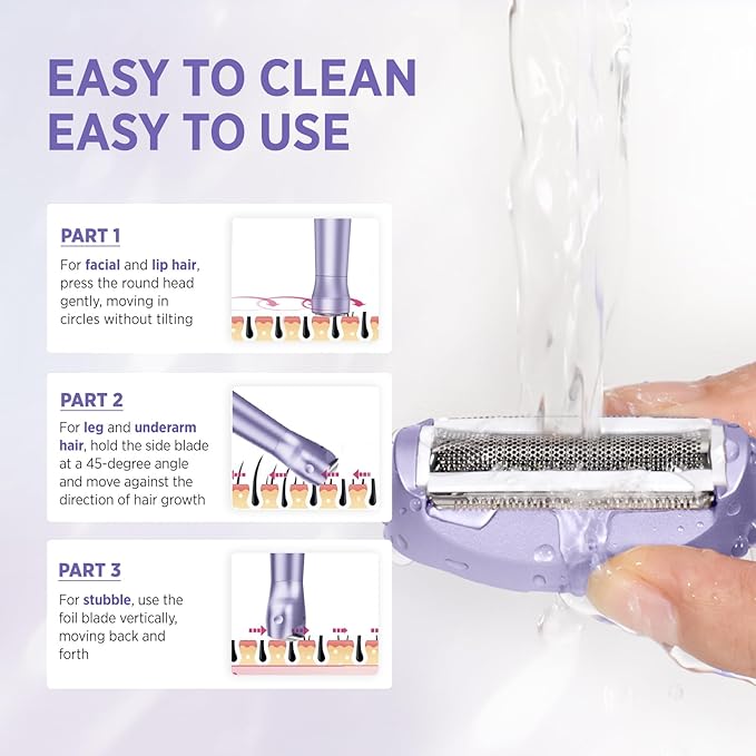 Electric Razor for Women Body: Rechargeable Painless Electric Shaver for Bikini Face Body Legs Underarms - 3-in-1 Blade and Rotary Shaving Head (Purple)