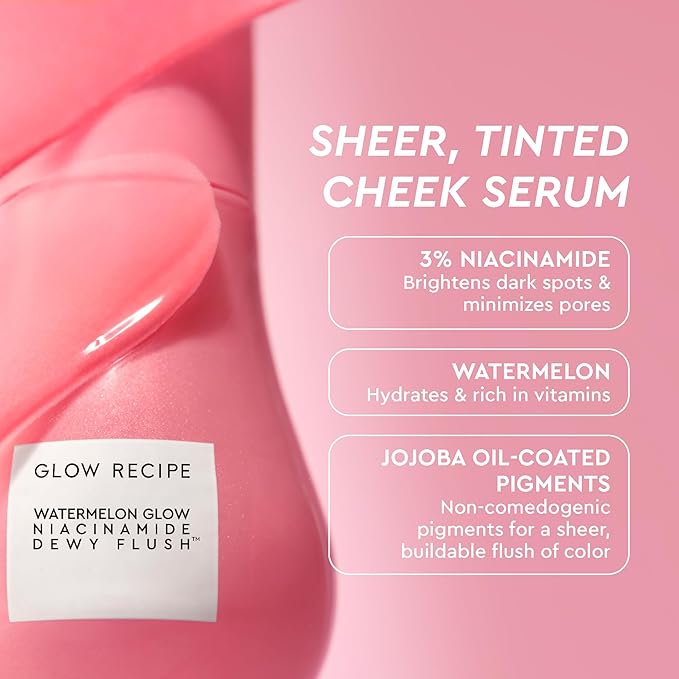 Glow Recipe Watermelon Glow Skin Care Set, Best of Dews & Hues - Full Size Niacinamide Dew Drops, Full Size Dewy Flush Watermelon Blush & Full Size Glass Balm Lip Treatment (3 Count)