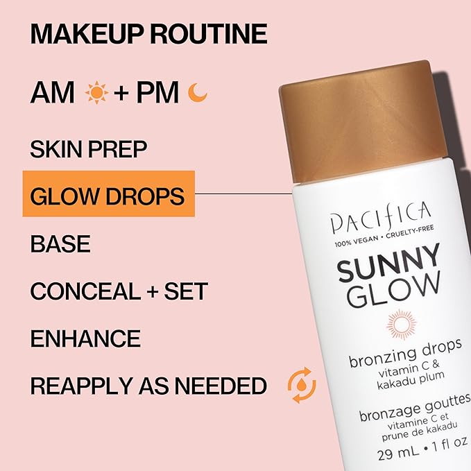 Pacifica Sunny Glow Liquid Face Bronzer Drops - Face Makeup Bronzing For Face & Cheeks for Instant Sun-Kissed Glow - Vitamin C & Glycolic Acid Infused Liquid Bronzer Illuminating Highlighting Clean