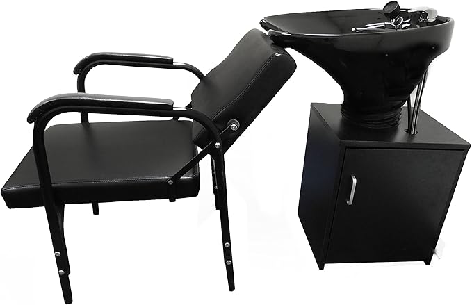 Tilting Shampoo Bowl Black Ceramic on Cabinet With Reclining Shampoo Chair TLC-B35-TC-216