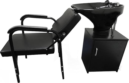 Tilting Shampoo Bowl Black Ceramic on Cabinet With Reclining Shampoo Chair TLC-B35-TC-216